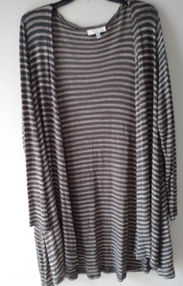 Long green and tan striped lightweight cardigan